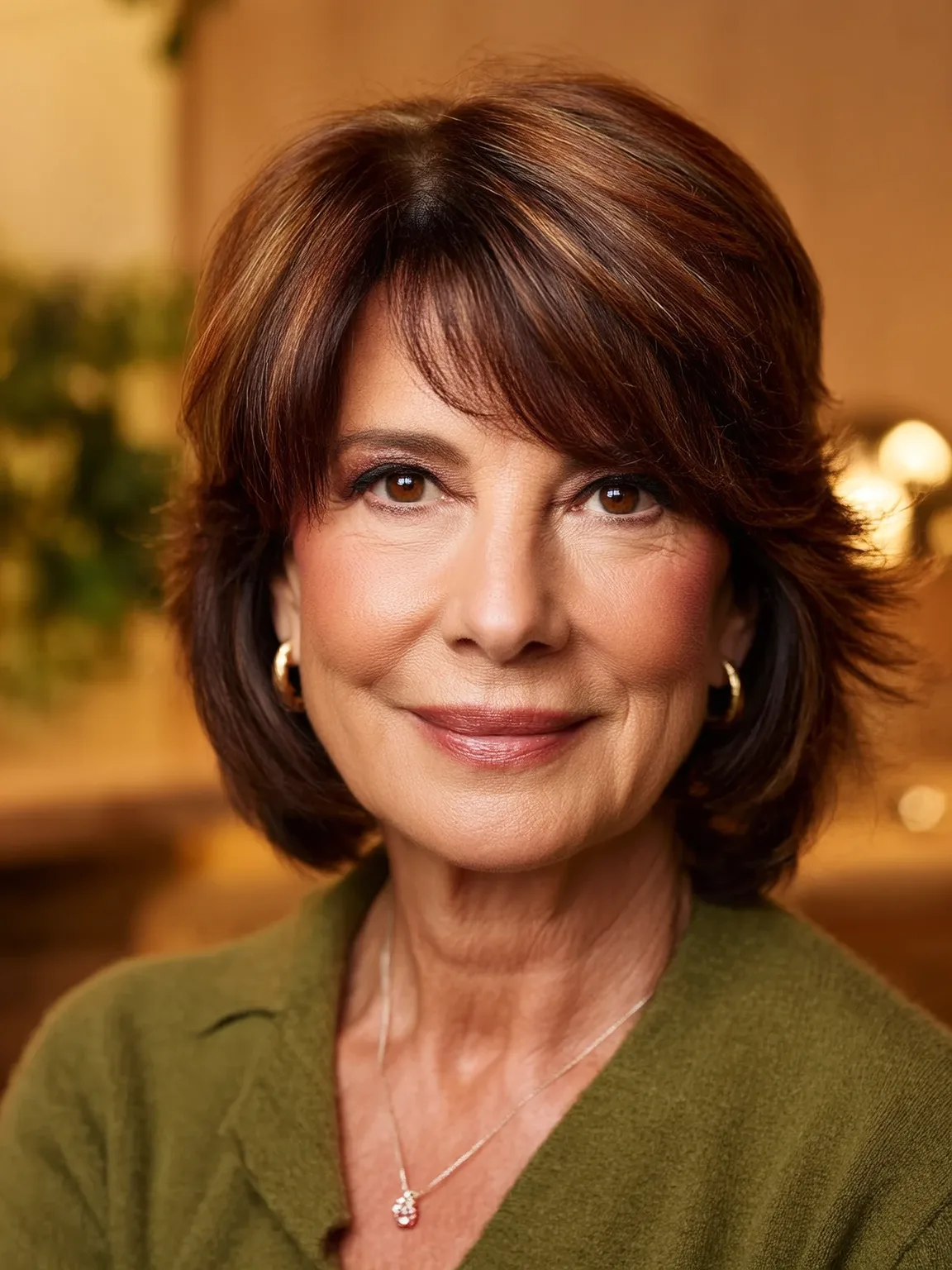 Chin-Length Feathered Bob in Warm Highlighted Chestnut
